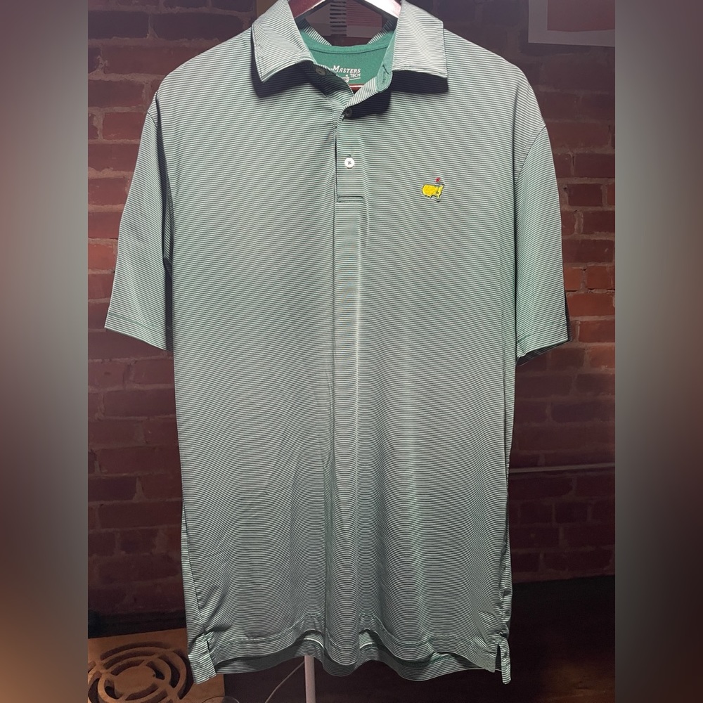 Mens Green Striped Masters Tech Golf Polo Large